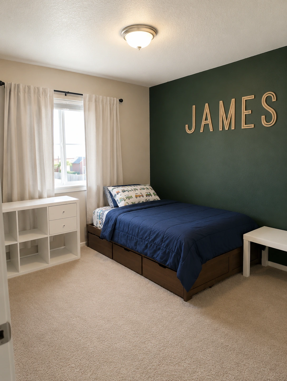 South Fork bedroom with green accent wall